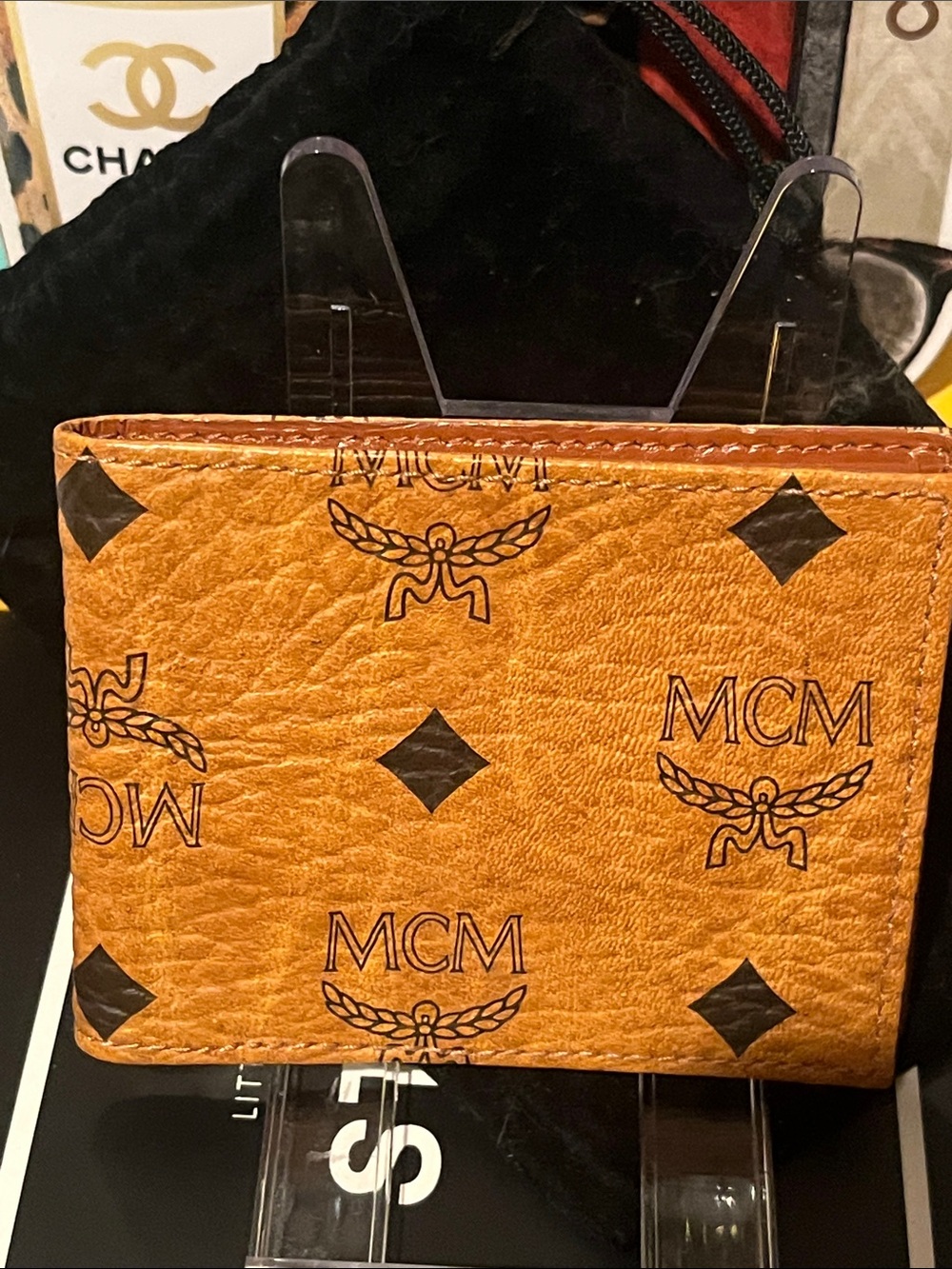 MCM Women or Men's Cognac Logo Visetos Bi-Fold Wallet NWOT Retail $550